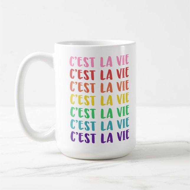Colourful Rainbow Typography French C'est La Vie Coffee Mug (Left)