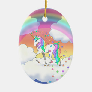 Colourful Rainbow Unicorn and Stars Ceramic Ornament