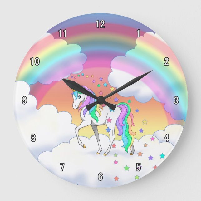 Colourful Rainbow Unicorn and Stars Large Clock (Front)