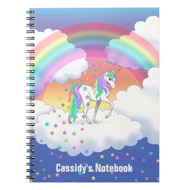 Colourful Rainbow Unicorn and Stars Notebook (Front)