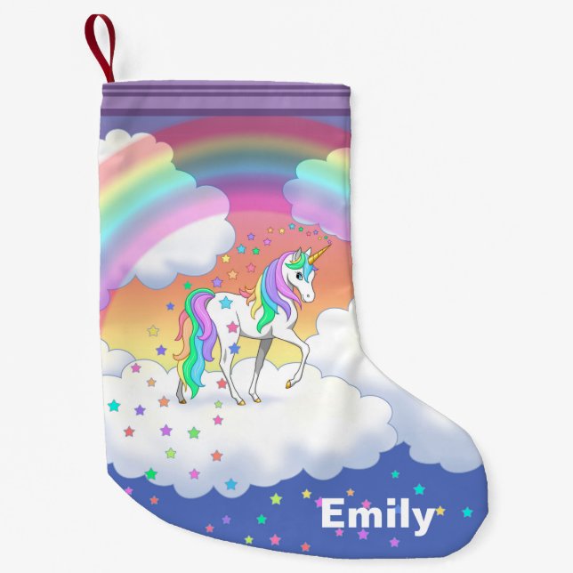 Colourful Rainbow Unicorn and Stars Small Christmas Stocking (Front)
