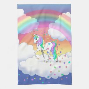 Colourful Rainbow Unicorn and Stars Tea Towel