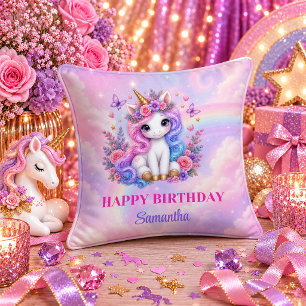 Colourful Rainbow Unicorn Birthday Girl Party Pill Cushion