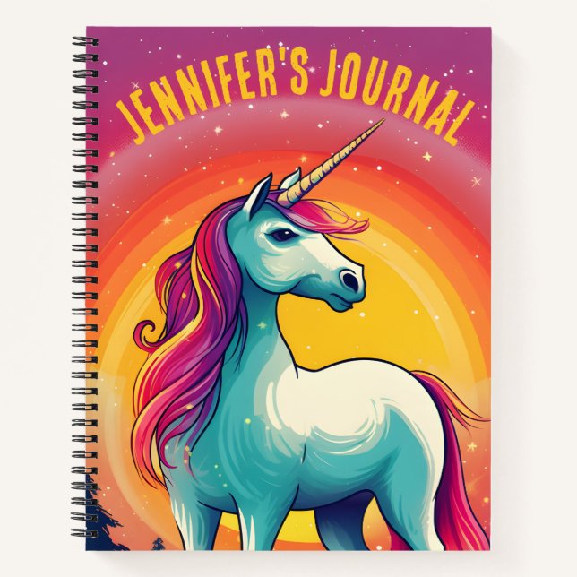Colourful Rainbow Unicorn Journal Name Notebook (Front)