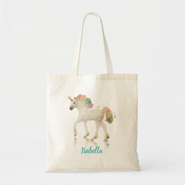 Colourful Rainbow Unicorn Polygon Name Budget Tote Bag (Front)