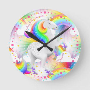 Colourful Rainbow Unicorn Princess Nursery Room Round Clock