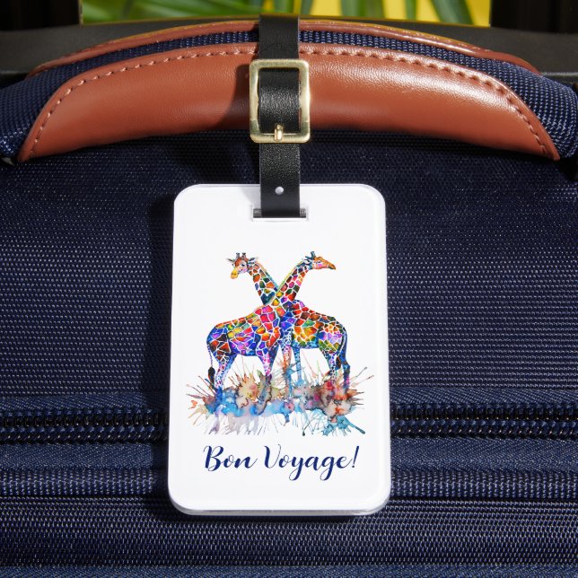 Colourful Rainbow Watercolor Giraffes Personalised Luggage Tag (Front Insitu 2)