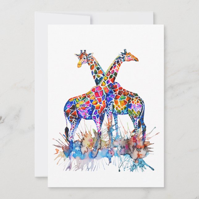Colourful Rainbow Watercolor Splatter Giraffes  Card (Front)