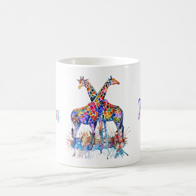 Colourful Rainbow Watercolor Splatter Giraffes Nam Coffee Mug (Center)