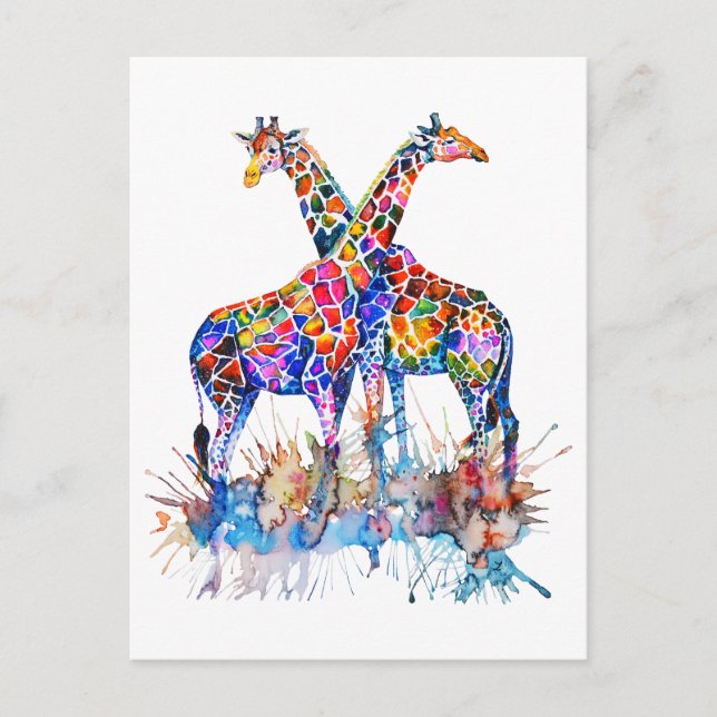 Colourful Rainbow Watercolor Splatter Giraffes Postcard (Front)
