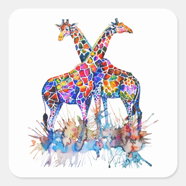 Colourful Rainbow Watercolor Splatter Giraffes Square Sticker (Front)