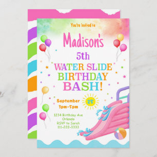 Colourful Rainbow Waterslide Birthday Bash Invite