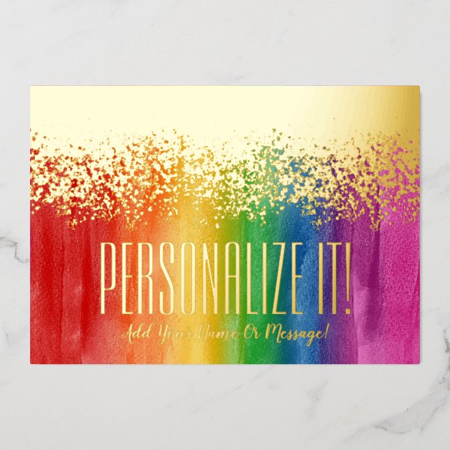 Colourful Rainbow With Gold Foil Glitzy Border Car Foil Holiday Card (Front)