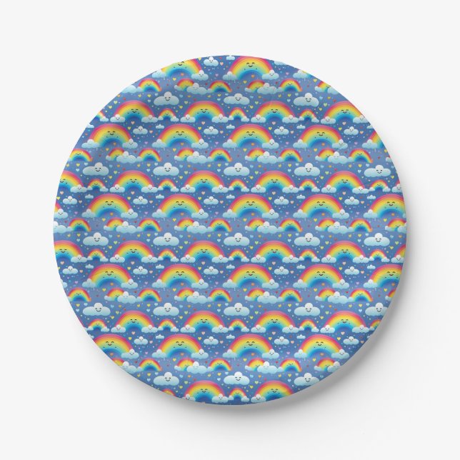 Colourful Rainbows and Clouds Paper Plate (Front)