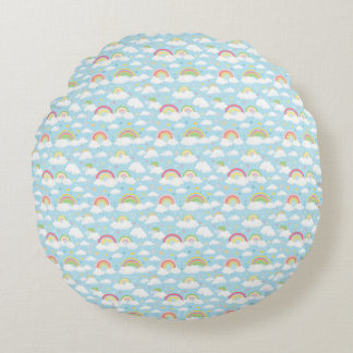 Colourful Rainbows and Clouds Round Cushion