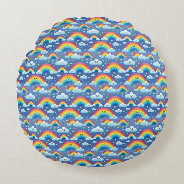 Colourful Rainbows and Clouds Round Cushion (Front)