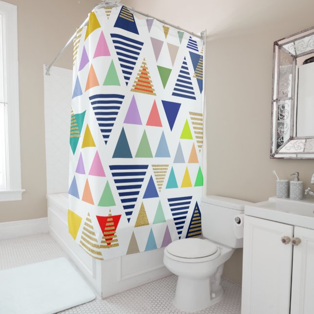 Colourful Random Assorted Triangles Pattern Shower Curtain (In Situ)
