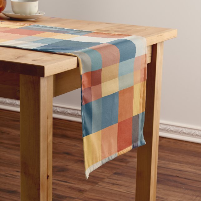 Colourful random geometric shapes pattern short table runner (In Situ)