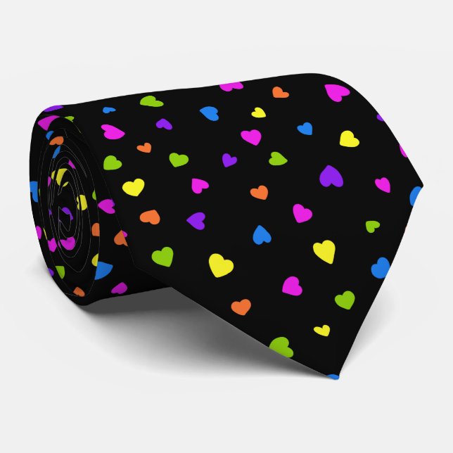 Colourful Random Tiny Hearts on Black Tie (Rolled)