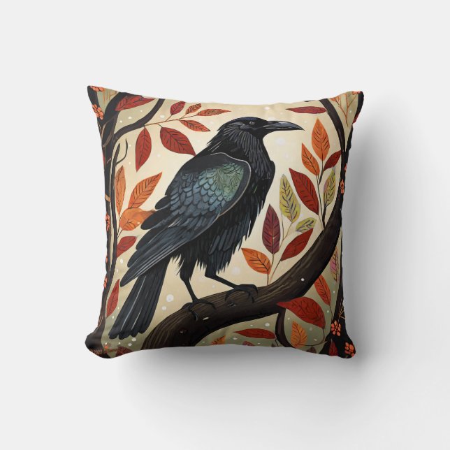 Colourful Raven Perched in a Tree Cushion (Front)