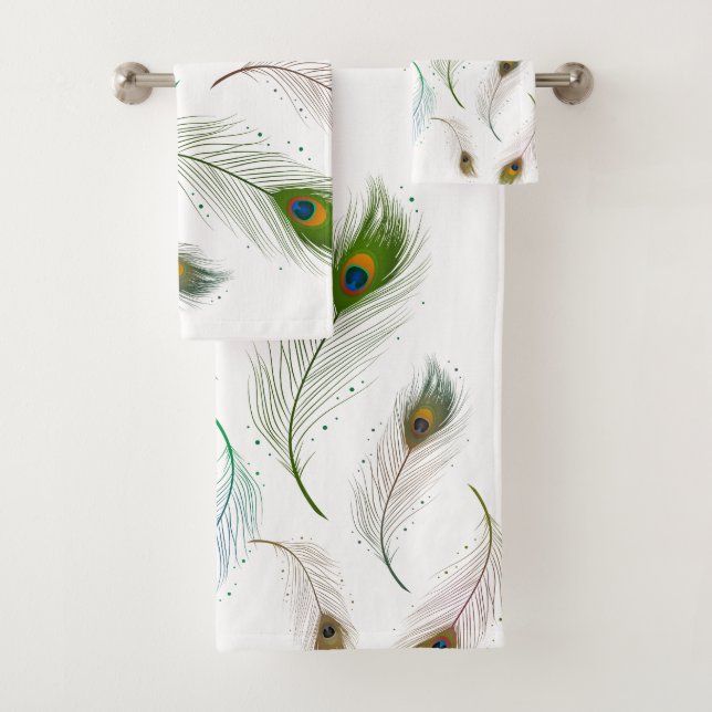 Colourful Realistic Peacock Bird Feathers Bath Towel Set (Insitu)
