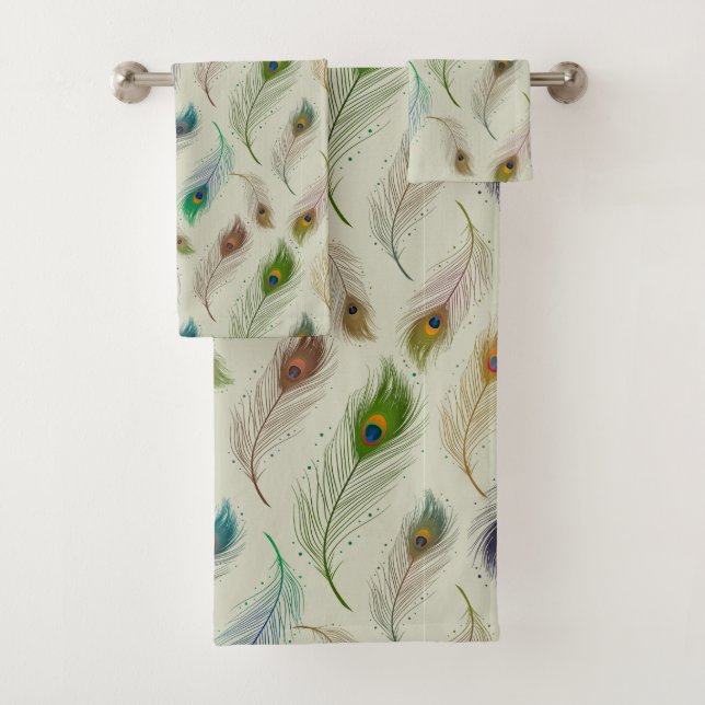 Colourful Realistic Peacock Bird Feathers Bath Towel Set (Insitu)