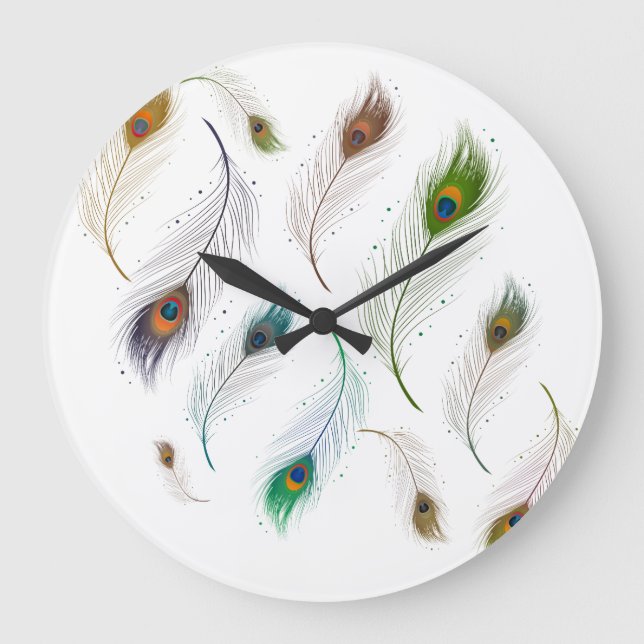 Colourful Realistic Peacock Feather Pattern Large Clock (Front)