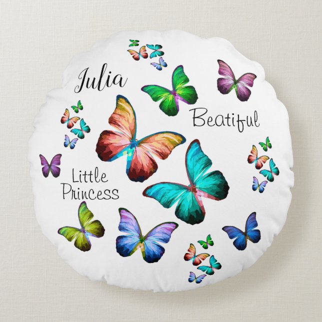 Colourful Realm of Morpho Blue Rainbow Butterflies Round Cushion (Front)