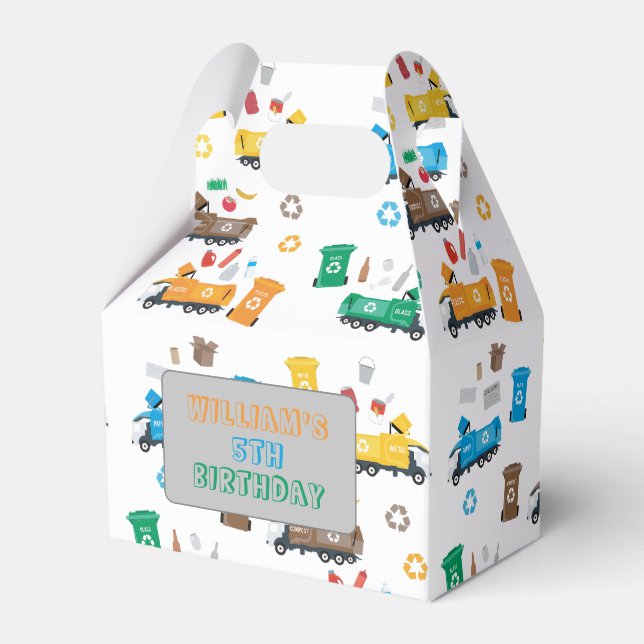 Colourful Recycling Garbage Trucks & Bins Birthday Favour Box (Front Side)