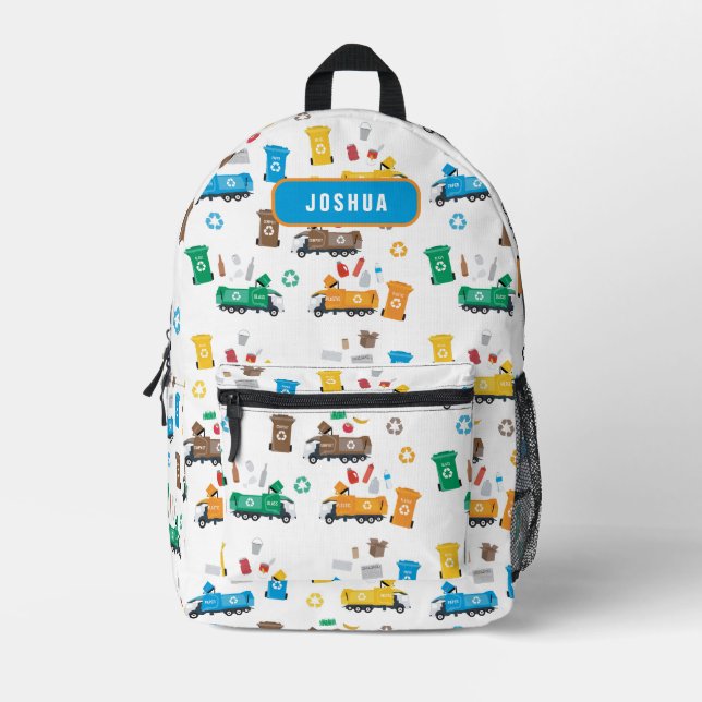 Colourful Recycling Garbage Trucks & Bins Name Printed Backpack (Front)