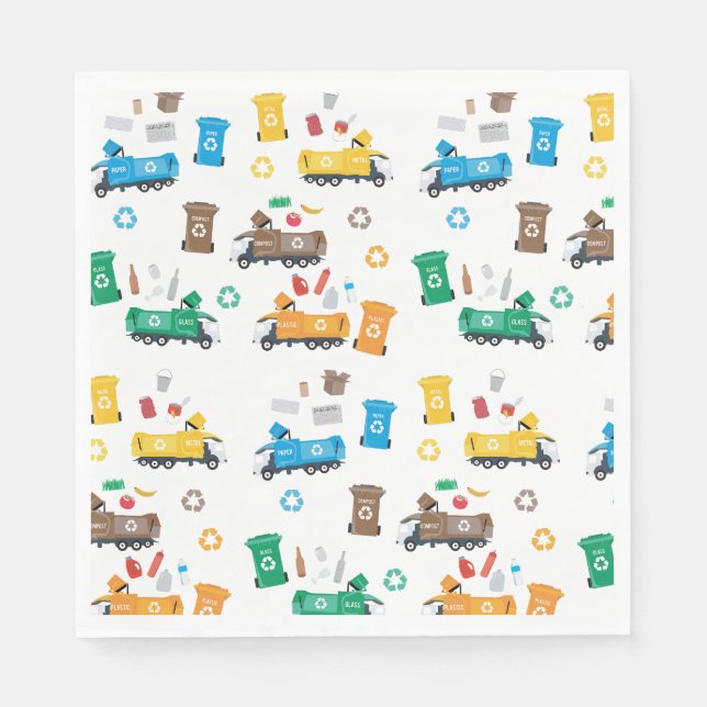 Colourful Recycling Garbage Trucks & Bins Napkin (Front)