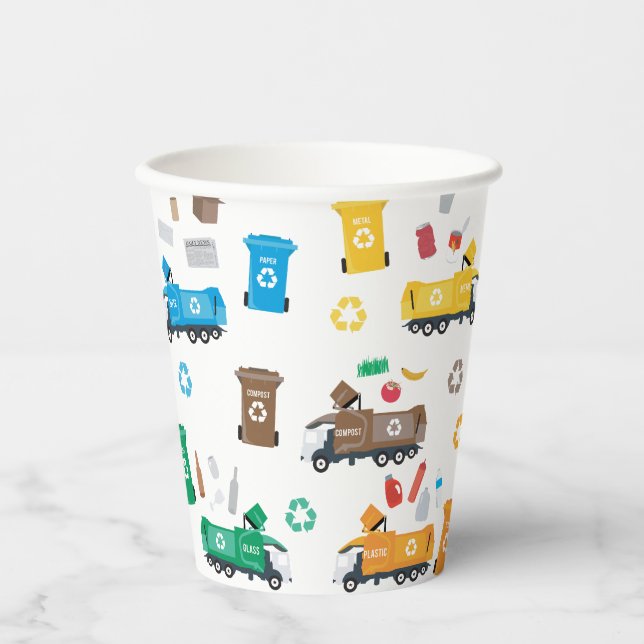 Colourful Recycling Garbage Trucks & Bins Paper Cups (Front)
