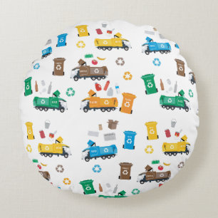 Colourful Recycling Garbage Trucks & Bins Round Cushion