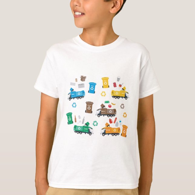 Colourful Recycling Garbage Trucks & Bins T-Shirt (Front)