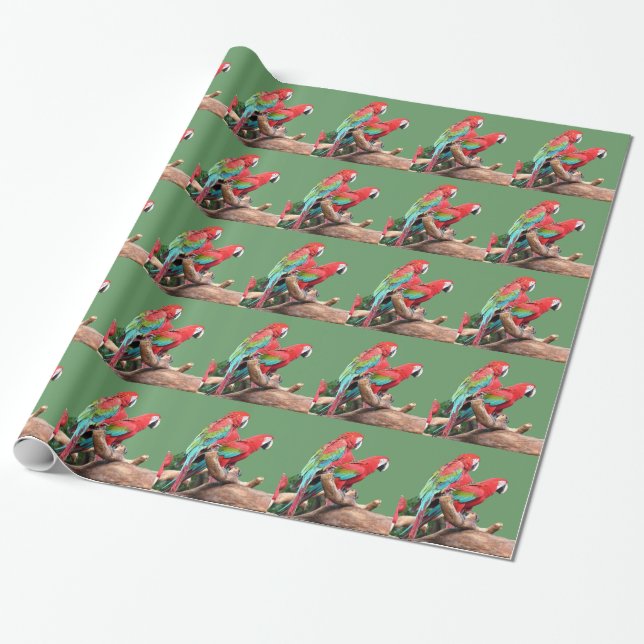 Colourful red and green parrots holiday Christmas Wrapping Paper (Unrolled)