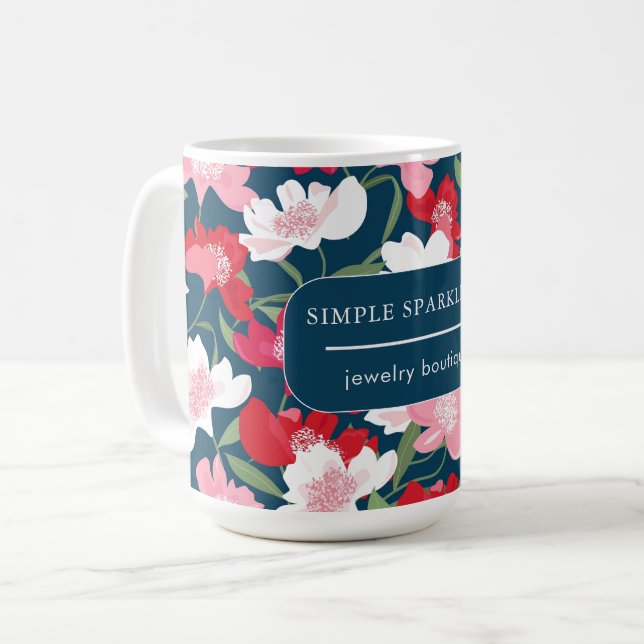 Colourful Red Blue Floral Company Business Name Coffee Mug (Front Left)