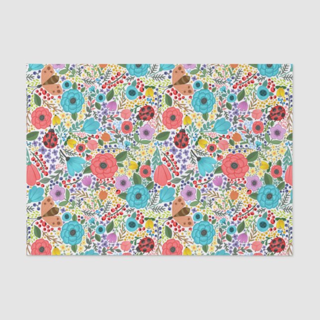 Colourful Red Blue Wild Flowers and Ladybugs Tissue Paper (Front)