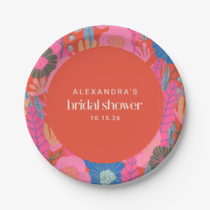 Colourful Red Boho Floral Custom Bridal Shower Paper Plate