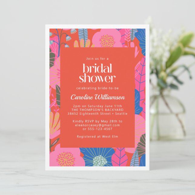 Colourful Red Boho Floral Stylish Bridal Shower Invitation (Standing Front)