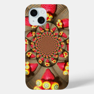 Colourful Red Delight: Strawberry Kaleidoscope Art iPhone 15 Case