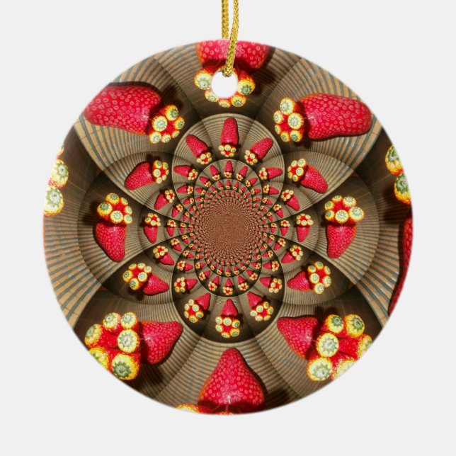 Colourful Red Delight: Strawberry Kaleidoscope Art Ceramic Ornament (Front)
