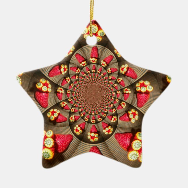 Colourful Red Delight: Strawberry Kaleidoscope Art Ceramic Tree Decoration (Front)