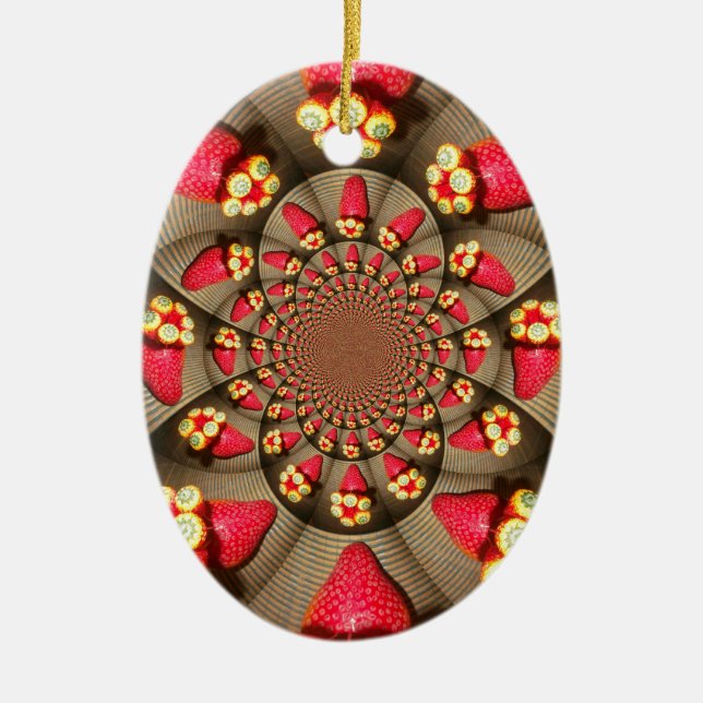 Colourful Red Delight: Strawberry Kaleidoscope Art Ceramic Tree Decoration (Front)