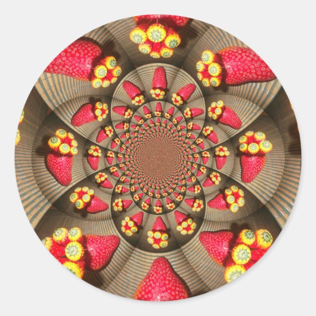 Colourful Red Delight: Strawberry Kaleidoscope Art Classic Round Sticker (Front)