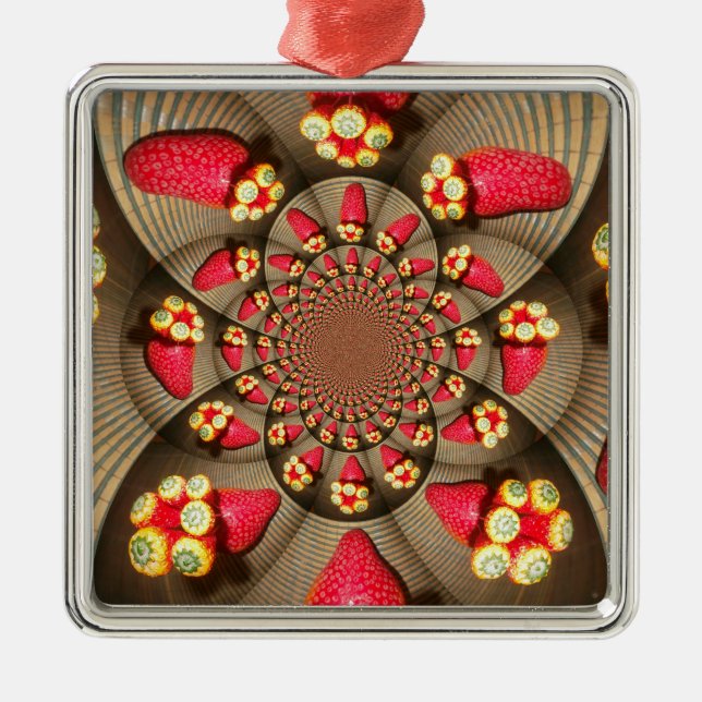 Colourful Red Delight: Strawberry Kaleidoscope Art Metal Ornament (Front)