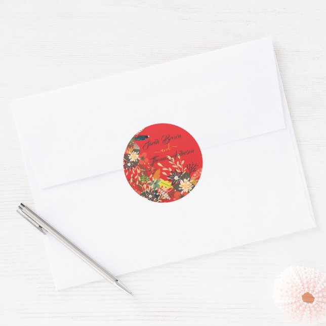 COLOURFUL RED FLORAL BOHO CLASSIC ROUND STICKER (Envelope)