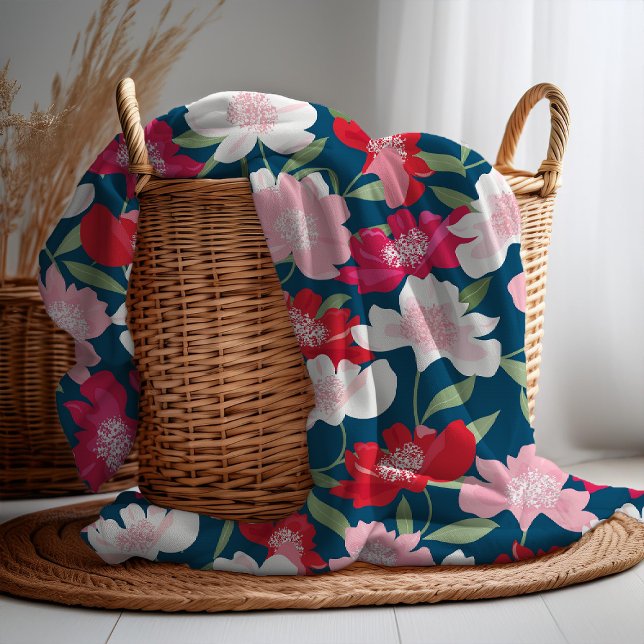 Colourful Red Floral Pattern Blue Fleece Blanket (Creator Uploaded)