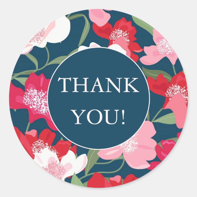 Colourful Red Floral Pattern Blue Thank You Classic Round Sticker (Front)