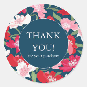 Colourful Red Floral Shop Business Thank You Blue Classic Round Sticker