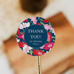 Colourful Red Floral Wedding Thank You Blue Classic Round Sticker